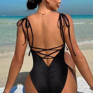 Black Vacation Style Women's Swim Summer Beach Solid Color One-Piece Swimsuit